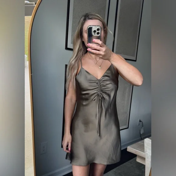 Sleek Satin Ruched Olive Green Midi Slip Flowy Dress - Picture 5 of 9